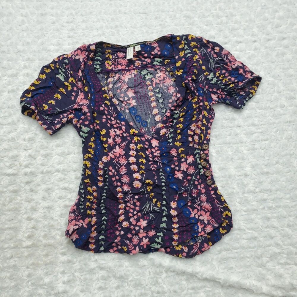 Meadow Rue Anthropologie Floral Wrap Blouse Womens Size 0 Purple Short Sleeve